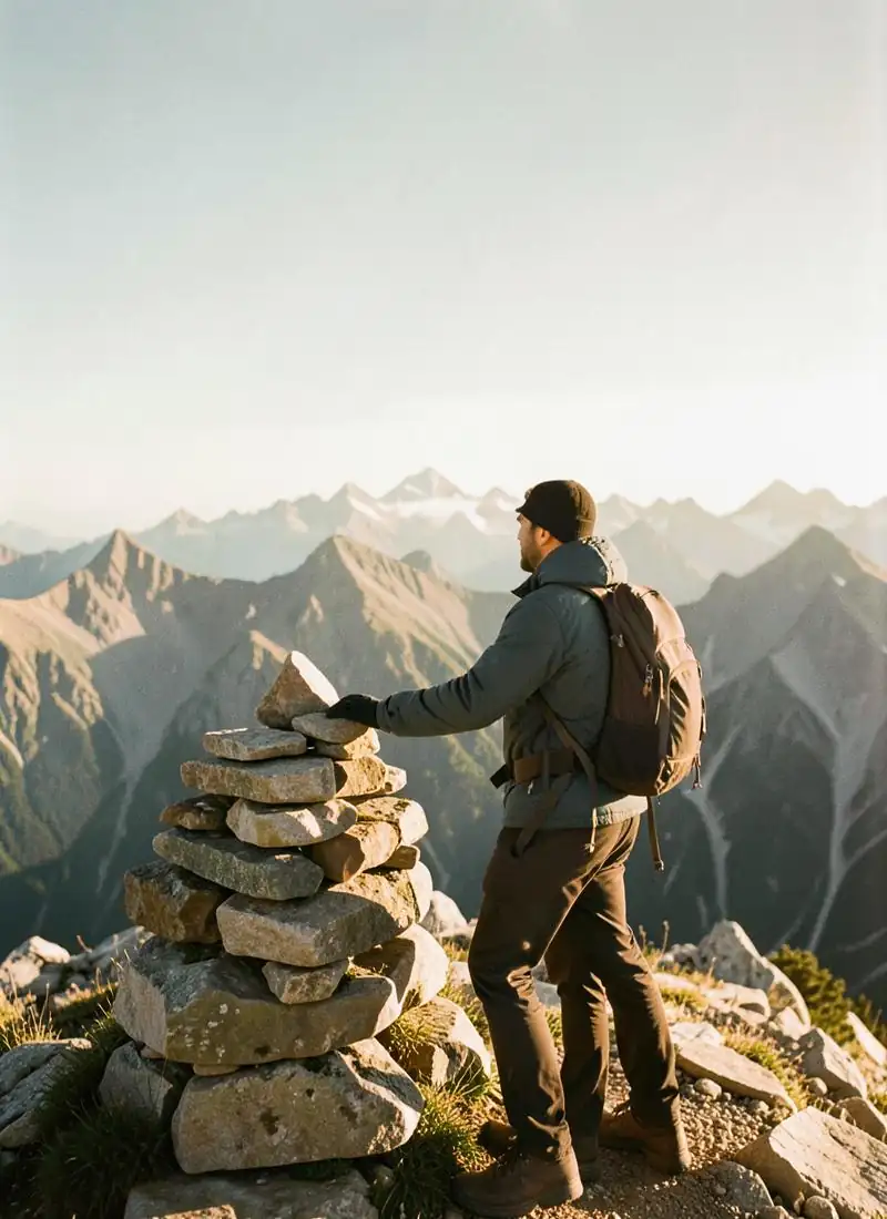 Trekker at a summit cairn